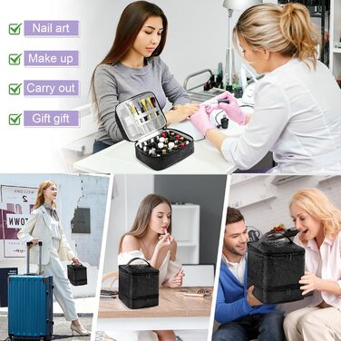 Портативна сумка для зберігання лаку для нігтів HA BIN, двошарова сумка-органайзер для лаку для нігтів на 30 пляшечок 1 лампа, водонепроникна з відділеннями, косметичка для подорожей, чорна