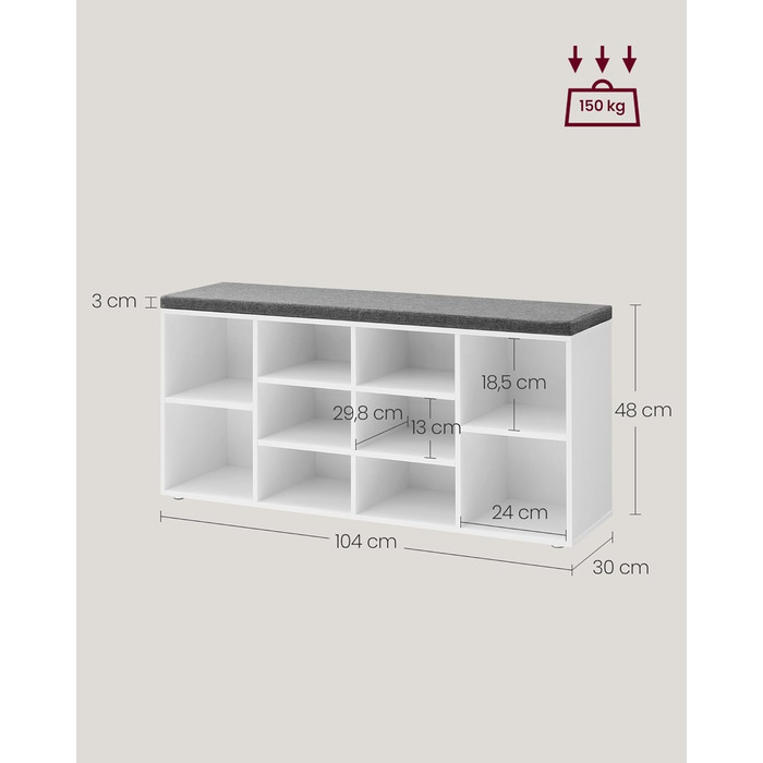 Лавка для взуття VASAGLE, полиця для взуття із сидінням, лавка для зберігання речей, добре оббита, лавка для передпокою з 10 відділеннями, регульовані полиці, для спальні, 30 x 104 x 48 см, біло-сірий LHS10WT білий сірий