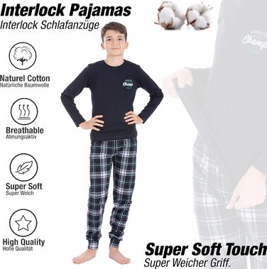 Комплект піжами/костюму LOREZA для хлопчика з довгими рукавами, 100 бавовняний інтерлок, картатий, теплий, розмір 140-146, модель 1