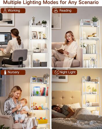 Ярусна вузька полиця-драбина зі світлодіодним підсвічуванням, сенсорним керуванням та дистанційним керуванням, 3 колірні температури, висока окремостояча полиця з регульованою яскравістю, виготовлена з металу та дерева для вітальні, спальні, офісу, біла, 