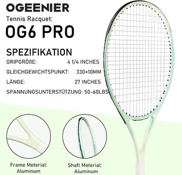 Тенісна ракетка OGEENIER 27" для дорослих – легка, зелена, для початківців та аматорів