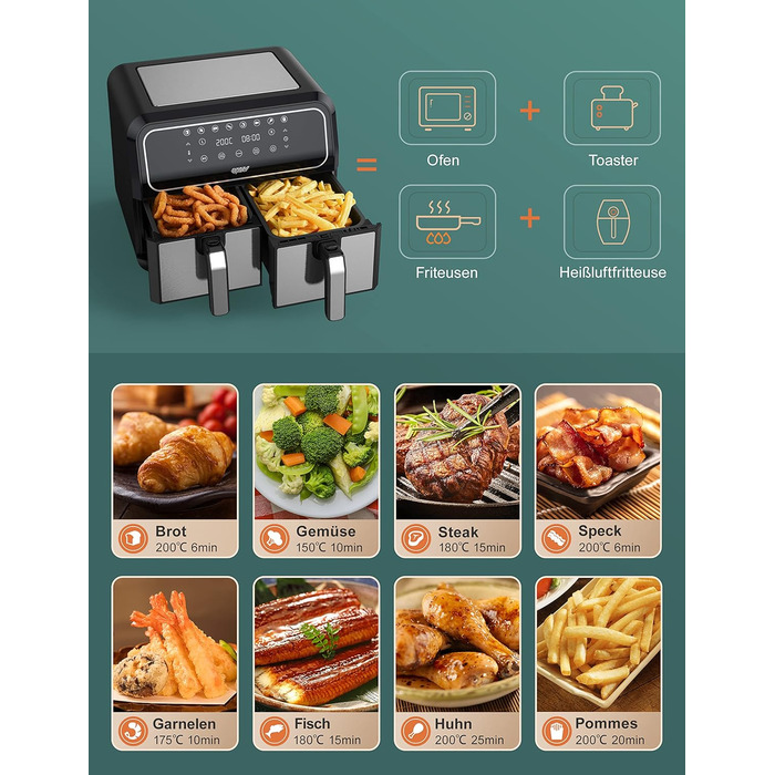 Двозонна фритюрниця Innsky двокамерна 8 л, 8 програм подвійна фритюрниця, фритюрниця з 2 кошиками, фритюрниця гаряче повітря без олії, подвійне приготування, синхронізація готової технології, режим струшування X-Large