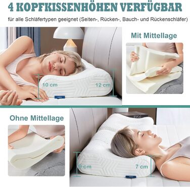 Подушка LAMB з регульованою по висоті з піни з ефектом пам&39яті, подушка для голови, подушка для шиї, подушка для підтримки шиї, ергономічна подушка для голови, подушка проти хропіння зі знімним чохлом, 60x36x12/10 см, біла, 1