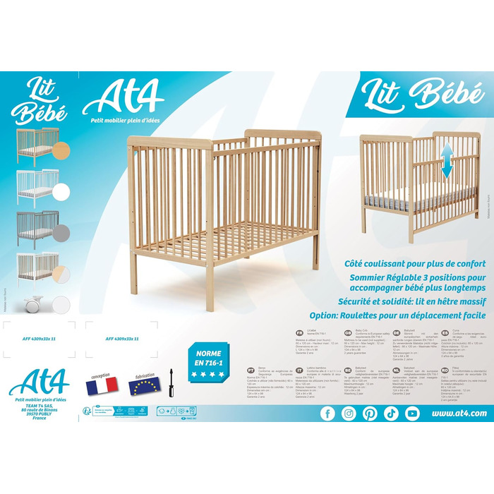 Дерев&39яне дитяче ліжко з матрацом 60x120 ESSENTIEL Біле Дитяче ліжко З 4 колесами З регульованою рейковою основою (3 положення), 4 -