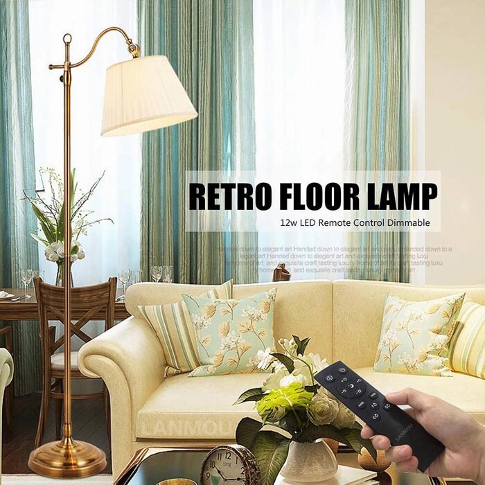 12W LED Floor Lamp Regulable with Remote Control, White Fabric Lamp Lamp, Retro Metal Copper Floor Lamp for Bedroom Office Office Hotel, E27 Socket Max 60W, 12W LED Floor Lamp Regulable with Remote Control, White Fabric Lamp Lamp, Retro Metal Copper Floor