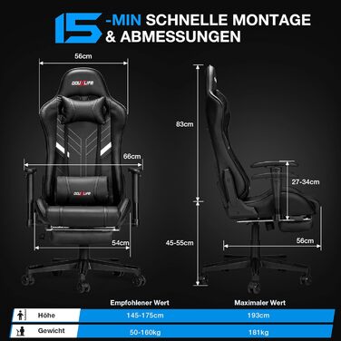 Ігрове крісло Douxlife, з 7-точковим масажем, підставкою для ніг, ергономічне офісне крісло, регульована спинка 90-175, регульовані 2D підлокітники, ігрове крісло для ПК, 150-180 кг, насичено-чорне
