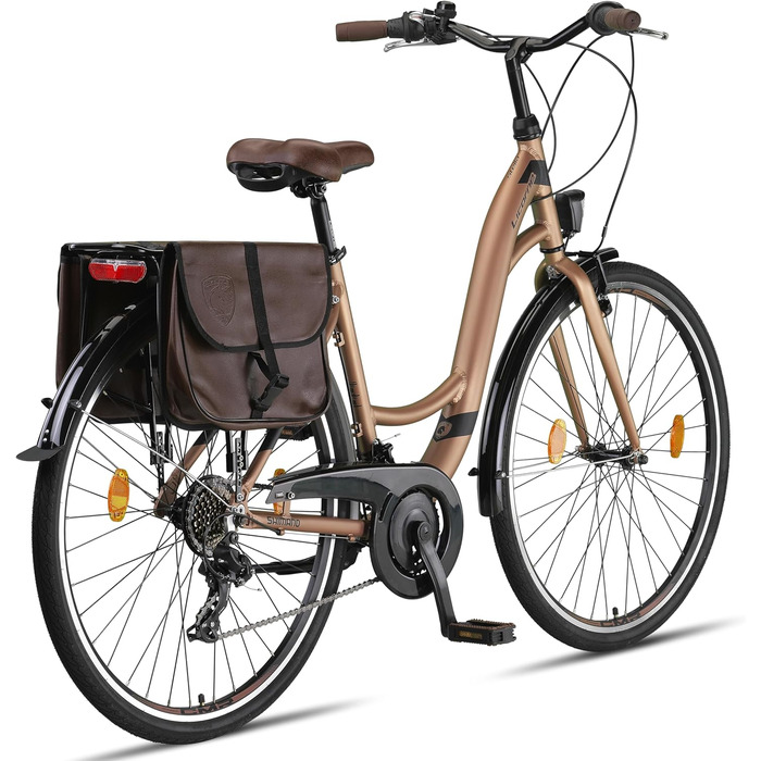 Велосипед Licorne Bike Stella Plus Premium City з алюмінієвими колесами 26 та 28 дюймів для дівчаток, хлопчиків, чоловіків та жінок - 21 швидкість - відповідає голландському стандарту StVZO, золотий колір, 28 дюймів