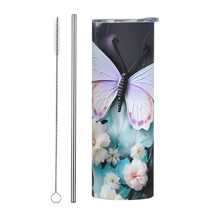 Кухоль з прямою трубочкою, 590 мл, білий метелик, принт, дорожній кухоль, підходить для кемпінгу, офісу та дому