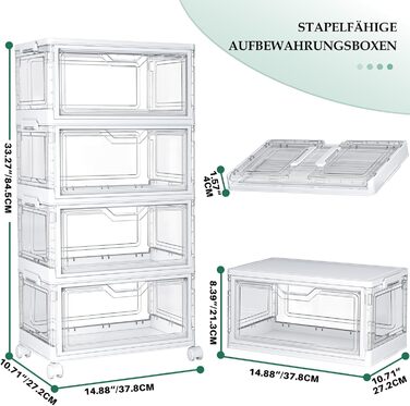 Коробки для зберігання з кришками 4-ярусні штабелювані пластикові коробки, прозорі об&39ємом 23 л, великі контейнери-органайзери для спальні, вітальні, ванної кімнати, 4 яруси та 1 кришка, 23 л/ярус, 4-ярусні