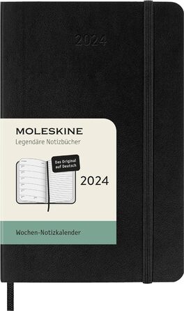 Тижневий планувальник Moleskine з місцем для нотаток, 12 місяців 2024, порядок денний 2024, кишеня 9x14, м'яка обкладинка з еластичною застібкою, колір чорний, мова Німецька