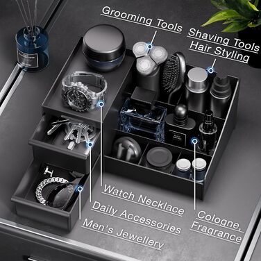 Чорний косметичний органайзер для чоловіків, органайзер для туалетного столика з шухлядами, місце для зберігання косметики та одеколону, скринька для ванної кімнати та спальні (матово-чорний)