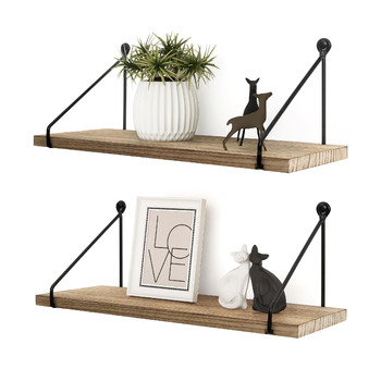 Настінна полиця Afuly, дерево, чорний метал, сільські полиці для стін, натуральний колір, ванна кімната, дитяча кімната, кухня, вітальня, комплект з 2 шт. , коричневий, 1,5 м завглибшки x 4,8 м завширшки