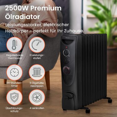 Енергозберігаючий масляний радіатор Pro Breeze потужністю 2500 Вт - електричний нагрівальний елемент з 11 ребрами, вбудованим таймером, 3 режимами нагріву, регульованим термостатом та функцією безпечного відключення - чорний. Масляний радіатор 2500 Вт - ч