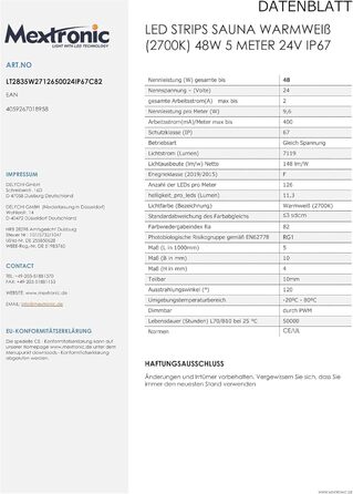 Світлодіодна стрічка Mextronic/Сауна термостійка, 48 Вт, 24 В, 5 метрів