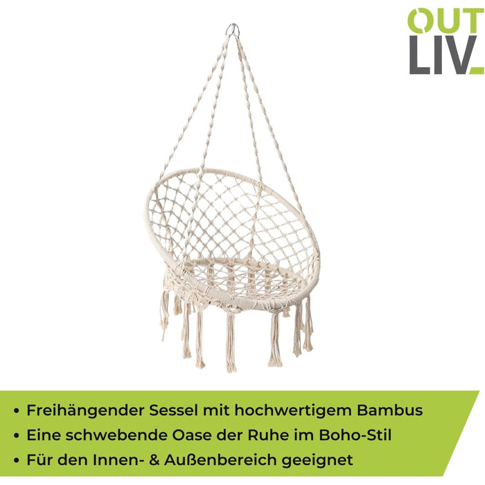 Підвісне крісло Capri, підвісний кошик Ø 82/62 см з бамбука/мотузки натурального кольору - гойдалка для вулиці, крісло для саду, тераси, балкону