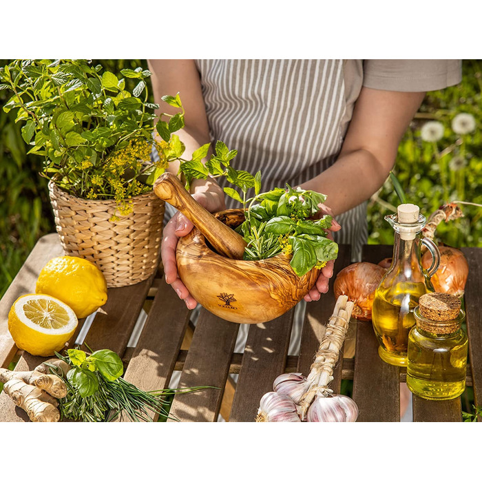 Набір розчинів і пестликів SOLTAKO з оливкового дерева - Ступка - Дерев'яна ступка - Екологічна трава, Розчин для спецій Ø Діаметр