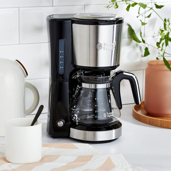 Кавоварка Russell Hobbs Mini душова лійка для оптимальної екстракції та аромату Компактна (макс. 5 чашок, скляний глечик 0,6 л, з постійним фільтром, нагрівальна плита) компактна кавоварка з фільтром мала 24210-56 Міні-кавоварка одинарна