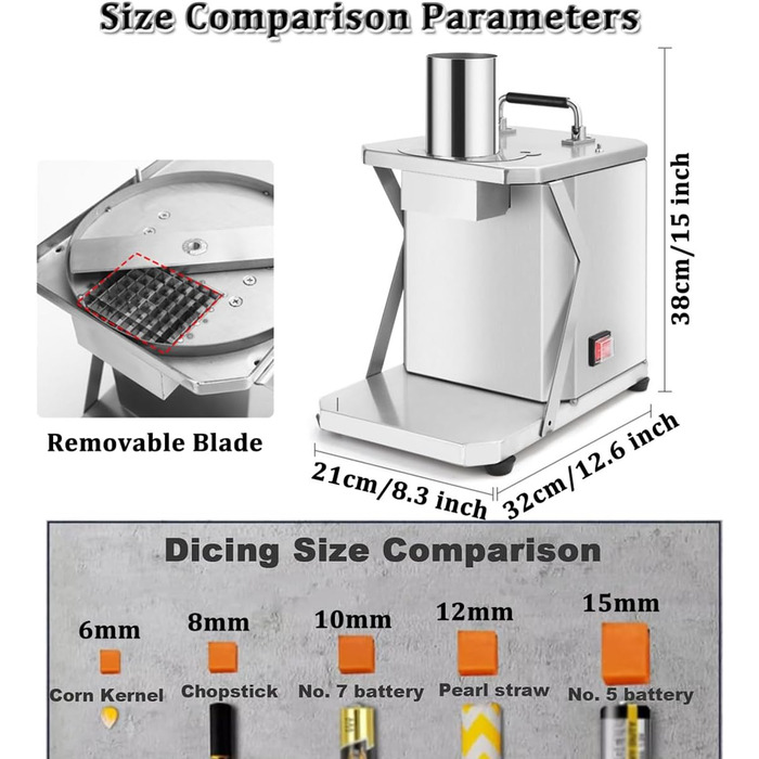 Овочевий подрібнювач Quixnova, електричний різак для кубиків цибулі, овочевий комбайн з нержавіючої сталі з 5 знімними сітками для ножів для кубиків для ресторанів