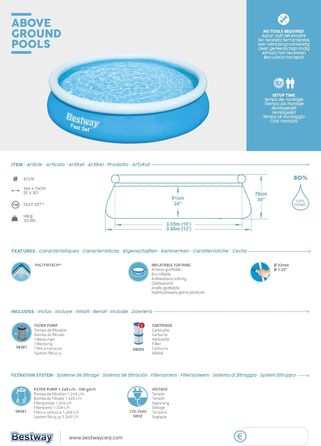 Набір круглих надувних басейнів Bestway Fast Set 3,66 м х 76 см