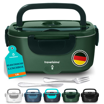 Електричний ланч-бокс TRAVELISIMO з підігрівом 100 Вт, електричний ланч-бокс з підігрівом 1,5 л, 3-в-1, підігрівач їжі 12 В/24 В/220 В, електричний ланч-бокс для робочого автомобіля/вантажівки та підігрівач темно-зеленого кольору