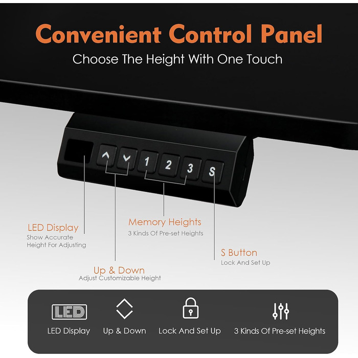 Електрично регульований по висоті стіл для роботи стоячи, 120 x 60 см, стіл для роботи сидячи/стоячи з пам&39яттю налаштувань та світлодіодним дисплеєм, стіл для роботи стоячи з гачками та підключенням для кабелів, робочий стіл для домашнього офісу, чорни