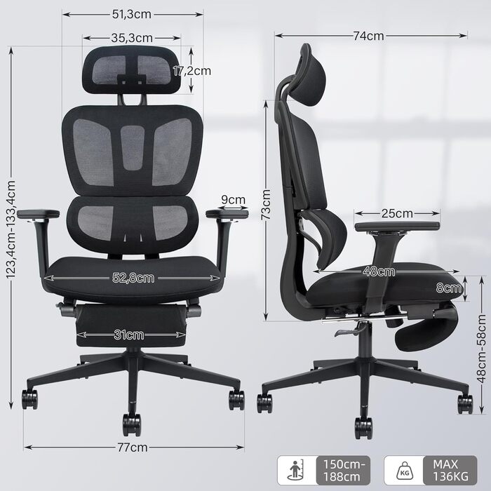 Ергономічне офісне крісло з підставкою для ніг, крісло для роботи з високою спинкою та подвійною спинкою, 2D-підголівник, відкидні підлокітники, губчасте сидіння, сітчасте крісло, крісло керівника, комп&39ютерне крісло для дорослих, чорне