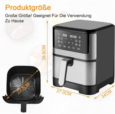 Аерофритюрниця PRIJESSE XXL 8 літрів Аерофритюрниця Цифрова фритюрниця 10-в-1 Розумна фритюрниця Духова шафа без масла з цифровим світлодіодним сенсорним екраном Можна мити в посудомийній машині 1500 Вт Чорний