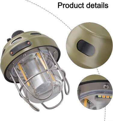 Акумуляторний кемпінговий ліхтар з акумулятором 2000 мАг, тепле/жовте світло, клас захисту IPX3, конструкція з алюмінію, сталі та ABS-пластику, для наметів та використання на свіжому повітрі (зелений)