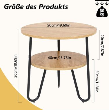 Круглий журнальний столик Mingone, бічний столик з 2 полицями, сучасний диванний столик з місцем для зберігання, маленький столик для вітальні, спальні, балкону, кольору дерева