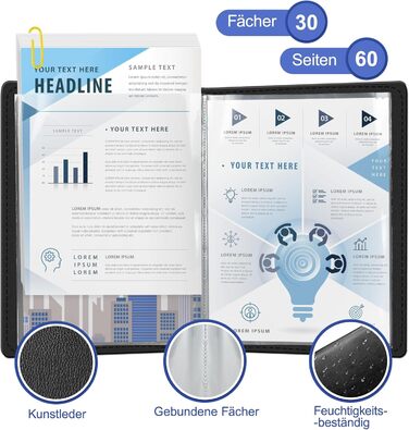 Папка для документів NEWYES формату A4 з 30 прозорими обкладинками водовідштовхувальна папка для презентацій зі штучної шкіри, ідеально підходить для офісу, ділових поїздок та як подарунок для чоловіків чорна