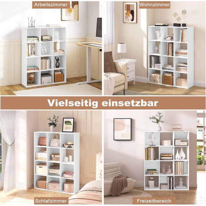 Книжкова полиця eSituro з 12 відділеннями, окремостояча кубічна полиця, відкрита полиця-перегородка для кімнати, сучасна стояча полиця, для вітальні, дитячої кімнати, офісу, спальні, 9120x29 см, білий