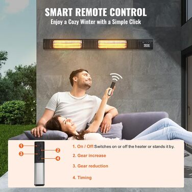 Інфрачервоний обігрівач VEVOR, 3000 Вт, з пультом дистанційного керування, захист IP65, карбоновий інфрачервоний вуличний обігрівач з 9 налаштуваннями та таймером, для ганку, патіо, їдальні, студії, заднього двору, настінний