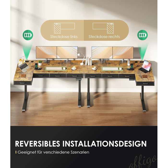 Кутовий стіл OffiGo, регульована висота, 160x80 см, Стіл з регульованою висотою та 4 шухлядами, електричний L-подібний стіл з розеткою для офісу та навчання, великий кутовий стіл, вінтажний коричневий, 160 x 80 см