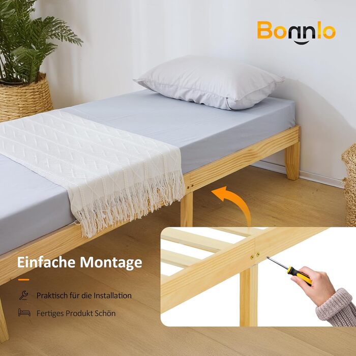 Дерев&39яне ліжко Bonnlo 90x200 см з рейковою основою, каркас ліжка натуральний, двоярусне ліжко зі 100 сосни