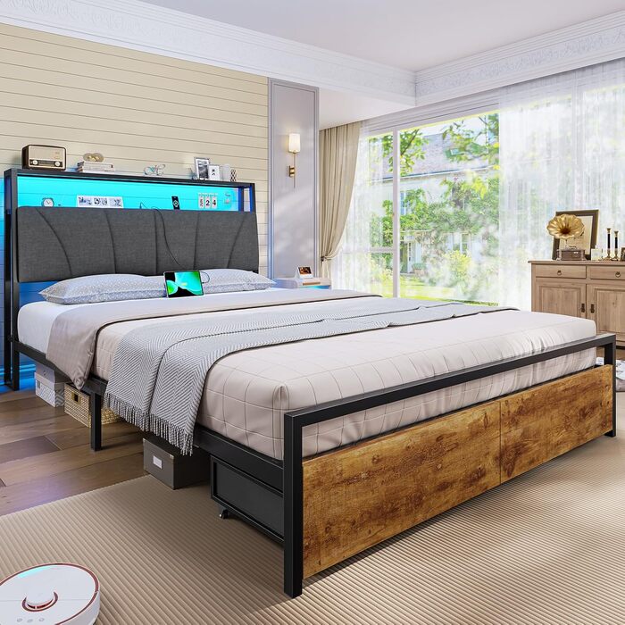 Ліжко 140x200 з металевою рейковою основою, каркас ліжка 140x200 см зі світлодіодним освітленням та зарядною станцією (2 розетки змінного струму та 2 порти USB), дитяче ліжко, двоспальне ліжко з 2 великими шухлядами, сірий колір, 140x200 см