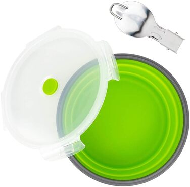 Кругла складна кемпінгова миска об&39ємом 1200 мл, силіконовий контейнер для зберігання їжі, силіконова миска з кришкою та складною ложкою 2-в-1, придатна для використання в морозильній камері та мікрохвильовій печі, зелена.