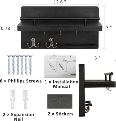 Тримач для ключів на стіну з 5 гачками для ключів, дерев'яна підставка для ключів з полицею настінне кріплення для ключів вішалка