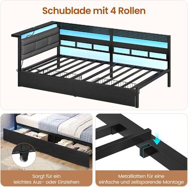 М&39який диван-ліжко 90x200 зі світлодіодним освітленням, зарядною станцією, кушеткою, дитячим ліжком з 2 шухлядами та металевим рейковим каркасом, м&39яким узголів&39ям з відкритим місцем для зберігання, чорний 90 x 200 см