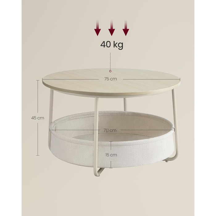 Круглий журнальний столик VASAGLE, столик із місцем для зберігання, приставний столик, столик для вітальні з тканинним кошиком, сучасний, металевий каркас, натуральний бежево-кремово-білий LCT244K01 Натуральний бежевий кремово-білий круглий