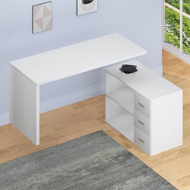 Білий L-подібний двосторонній кутовий письмовий стіл з місцем для зберігання для домашнього офісу Комп&39ютерний стіл з 3 шухлядами та 2 полицями для офісу Білий 140 см