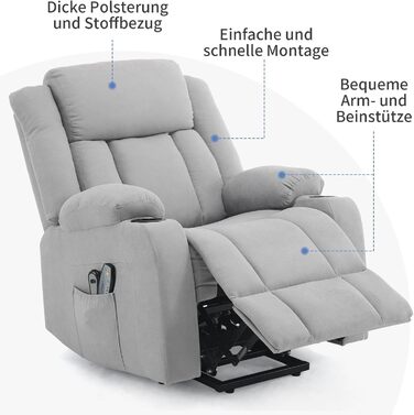 Крісло-реклайнер LEADZM для телевізора з підйомником, електричне масажне крісло з функцією відкидання, допомога вставанню, масаж, підігрів, 2 бічні кишені, підстаканник, світло-сірий