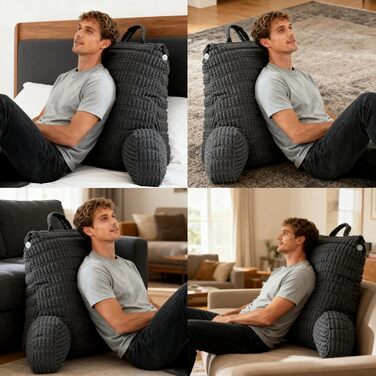 Подушка для читання зі спинкою, зручна спинка з підлокітниками, знімна для дорослих з кишенями для ліжка та дивана, для телевізора, мобільних телефонів (темно-сіра)