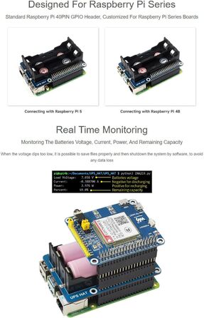 ДБЖ Waveshare HAT Сумісний з джерелом безперебійного живлення Raspberry Pi 5 В Схеми захисту кількох акумуляторів Одночасний заряд і вихідна потужність ДБЖ HAT (EN)