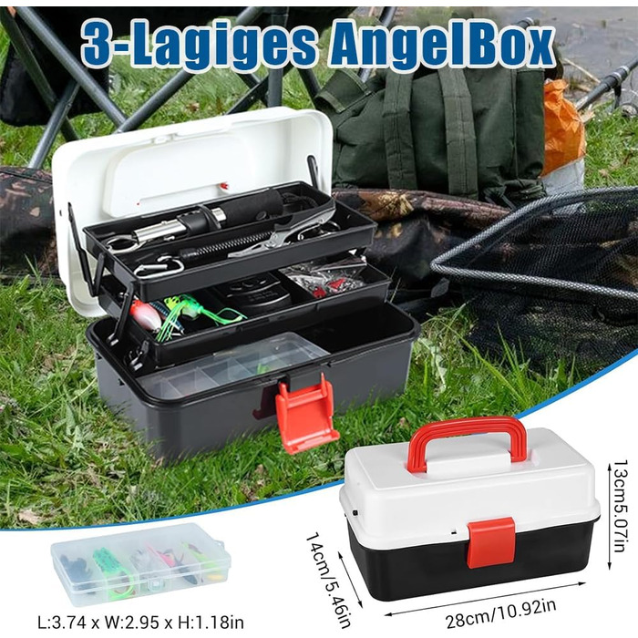 Набір рибальських снастей із 213 предметів, включаючи затискачі для губ, рибальські луски, знімач гачків, гачки, рибальські приманки тощо, набір снастей для лову окуня та форелі, 3-поличний ящик для снастей з аксесуарами для дітей, дорослих та початківців