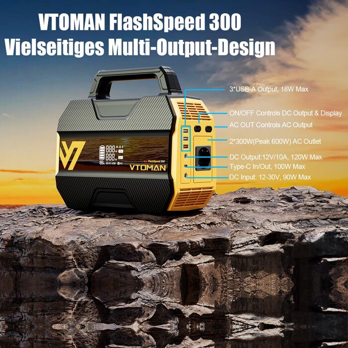 Портативна електростанція VTOMAN FlashSpeed 300 - літій-полімерний акумулятор 230 Втгод з вихідною потужністю змінного струму 300 Вт (пікова 600 Вт), сонячна електростанція, 100 Вт USB-C/230 В змінного струму для дому, кемпінгу на природі, автофургонів, р