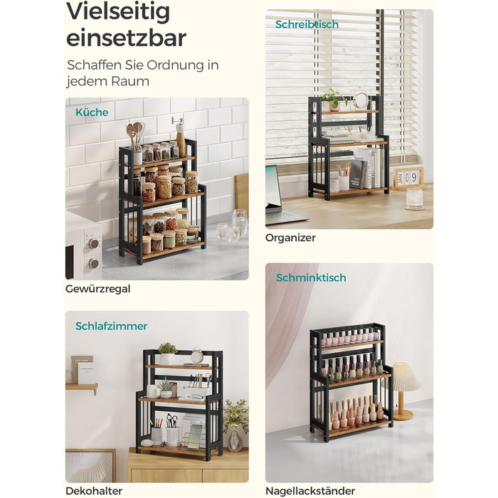 Рівнева полиця для спецій, кухонна полиця, полиця для зберігання, стільниця, бамбукова рама, для кухні, їдальні, офісу, вінтажний коричнево-чорний OFS047B01 3 яруси (41Ш см) вінтажний коричневий чорний, 3-