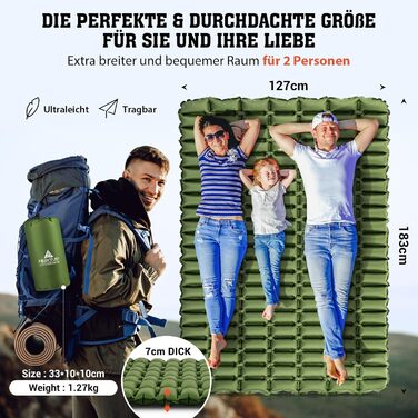Килимок для кемпінгу HIKENTURE для 2 осіб, подвійний килимок для сну, надлегкий, надувний повітряний матрац, невеликий розмір упаковки з мішком-насосом, компактний килимок для сну, килимок для кемпінгу для активного відпочинку, походів, пляжу - зелений