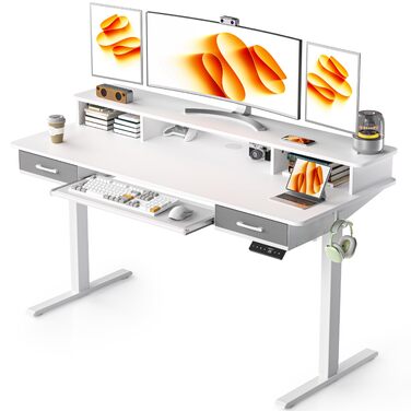 Електричний стіл з регульованою висотою та підставкою для клавіатури, 140x60 см, з 2 шухлядами, комп&39ютерний стіл з підставкою для монітора для домашнього офісу, білий, 140 x 60 см з підставкою для клавіатури