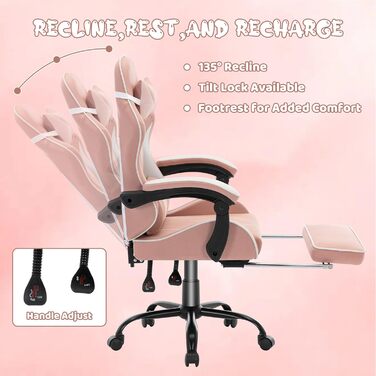 Геймерське крісло з підставкою для ніг, ергономічне з підголівником та поперековою опорою - офісне крісло з високоякісної технічної тканини та вантажопідйомністю 130 кг для кіберспорту/домашнього офісу/ігор (дорослі/підлітки/діти) Рожевий.