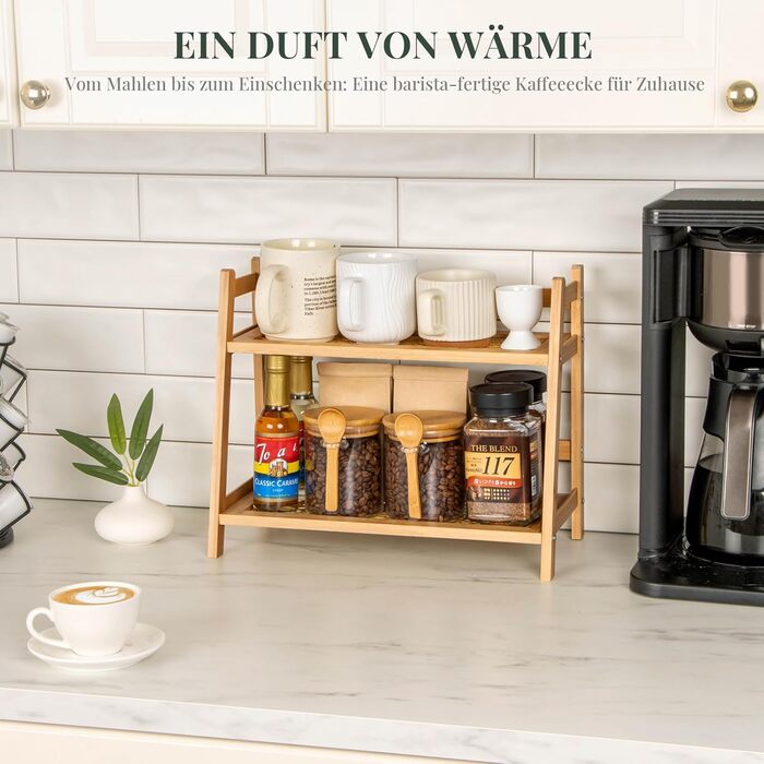 Органайзер для кавової станції з плетеним виглядом, 2-рівнева бамбукова полиця для матчі та кавових аксесуарів, підставка для чашок для кухні, дому та офісу, органайзер для спецій, натуральний колір